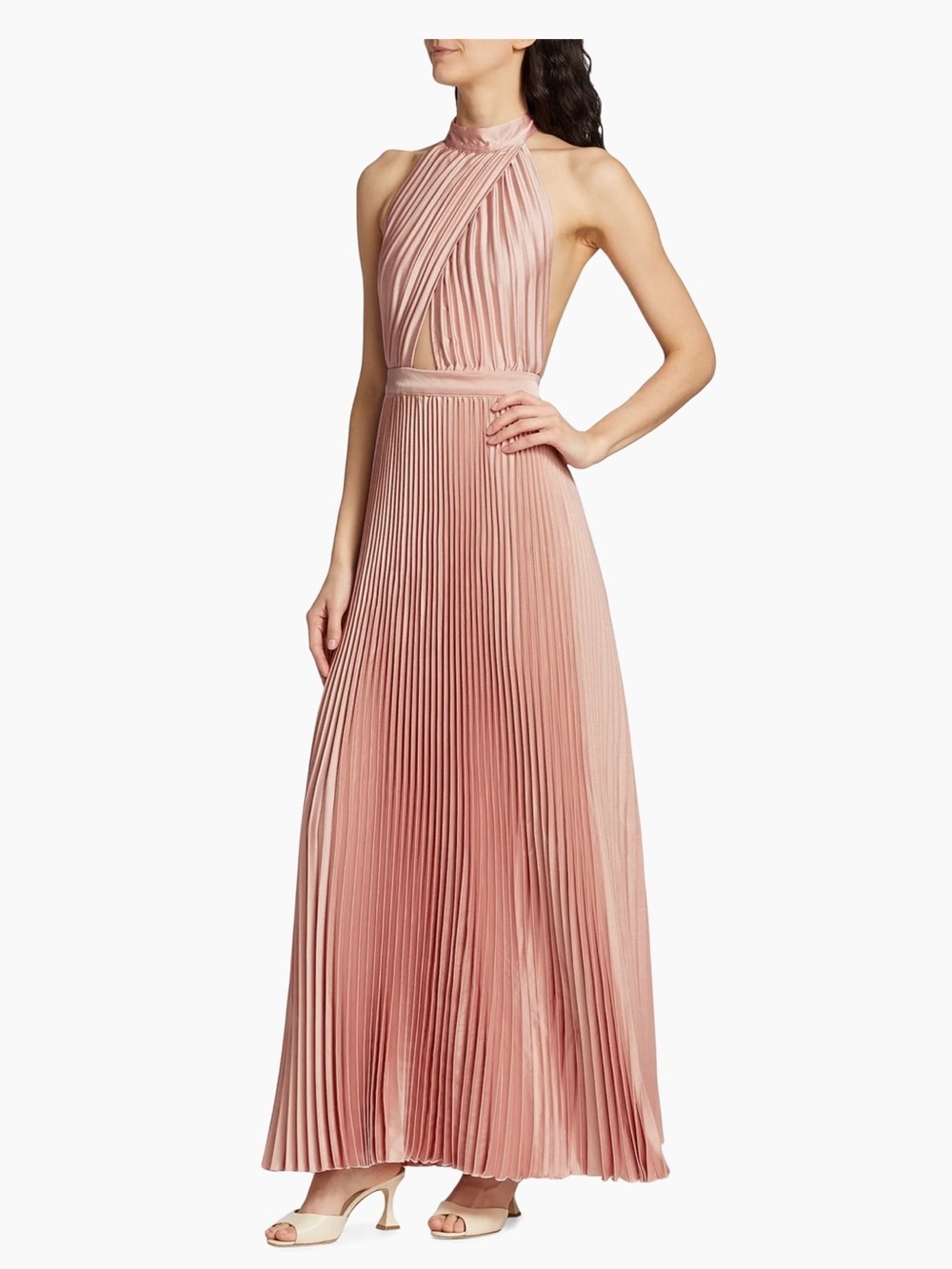 L'IDEE Renaissance Split Gown Halter Pleated Pink Satin Maxi Dress AU 6/ US 2